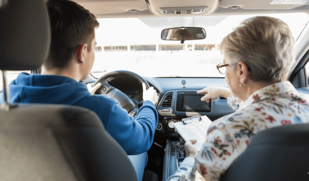 Aluno de autoescola em exame prático de direção com instrutor, focado em redução de custo CNH sem autoescola e nova resolução Contran.